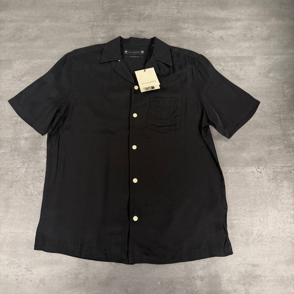 AllSaints Camp Shirt Mens XS Sunsmirk SS Jet Black Graphic Relaxed Fit NEW $199
